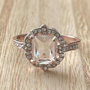 Vintage Radiant Floral White Sapphire Halo Ring - Rose Gold Plated